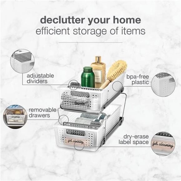 2 Tier Slide Out Storage Organizer Baskets with Handles for Bathroom Kitchen - Picture 5 of 7